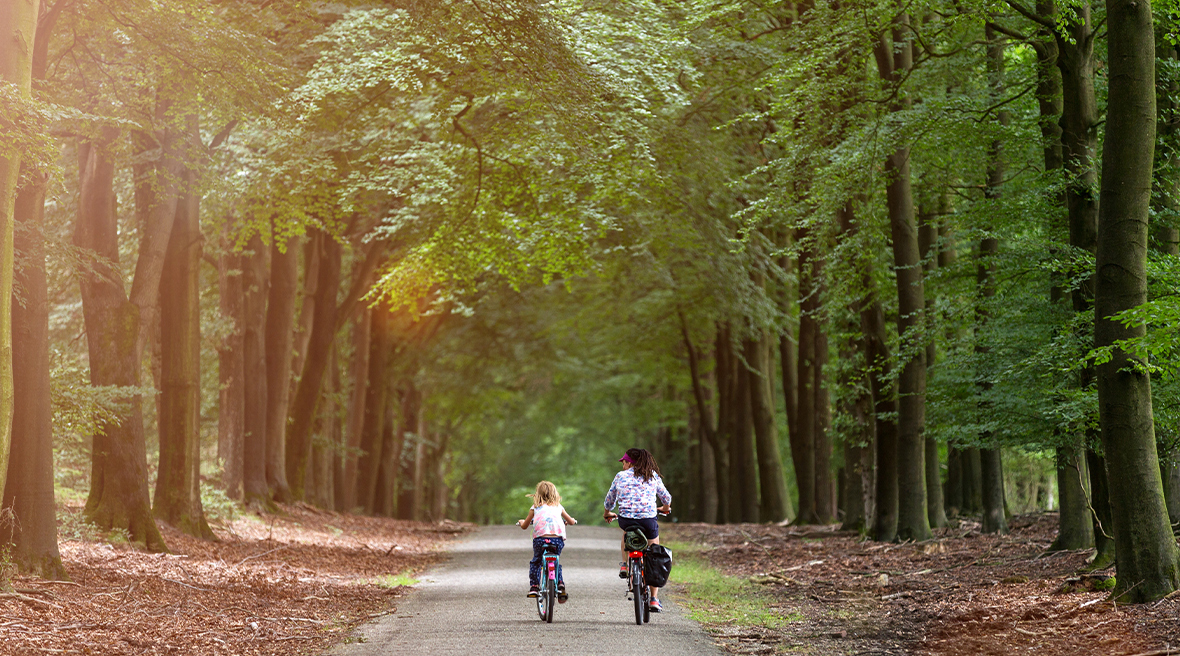 little girl cycling with her mother in woodland